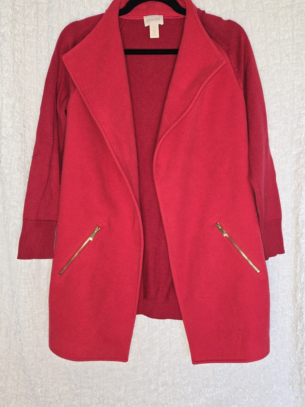 Chico's‎ Open Front Red Coatigan with Gold Zippers Size 4